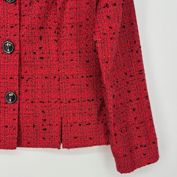 Leslie Fay Womens Size 12 Blazer Jacket Red Black White Tweed Faux Fur Collar - Picture 3 of 9